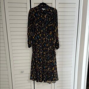 Equipment Blue and Black Pleated Sheath Dress with Bishop Sleeves